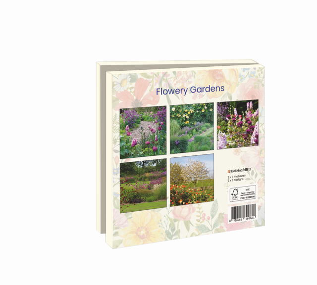 Kaartenmapje met env, vierkant: Flowery Gardens, De tuinen in demen