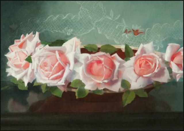 La France'-roses in ceramic bowl, Jan Voerman, Museum de Fundatie