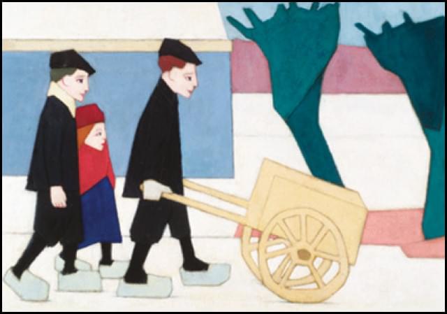 Three figures with handcart, Chris Beekman, Singer, Laren